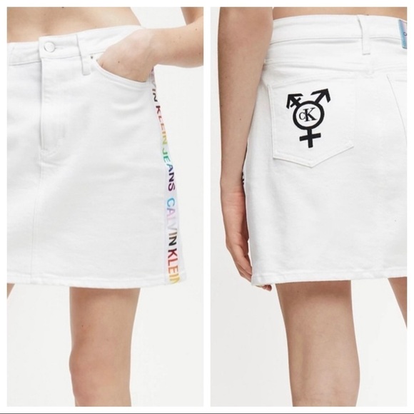 Calvin Klein Women's PRIDE Rainbow High Rise Mini Skirt Denim White 29 NWT - Picture 1 of 10